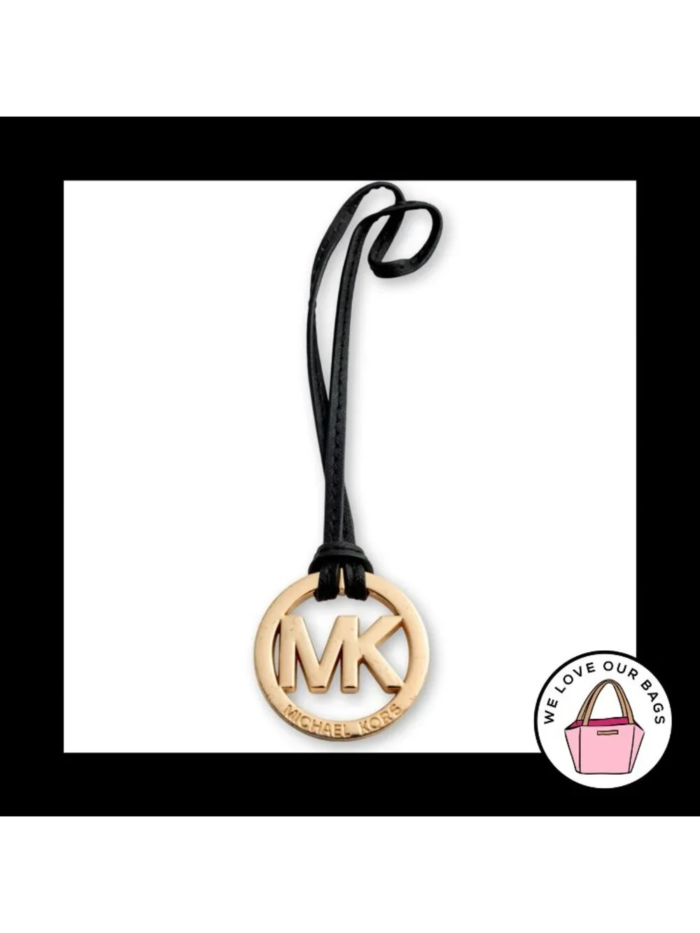 MICHAEL KORS Gold Brass Black Leather Loop Strap Bag Charm Hang Tag Keychain Fob